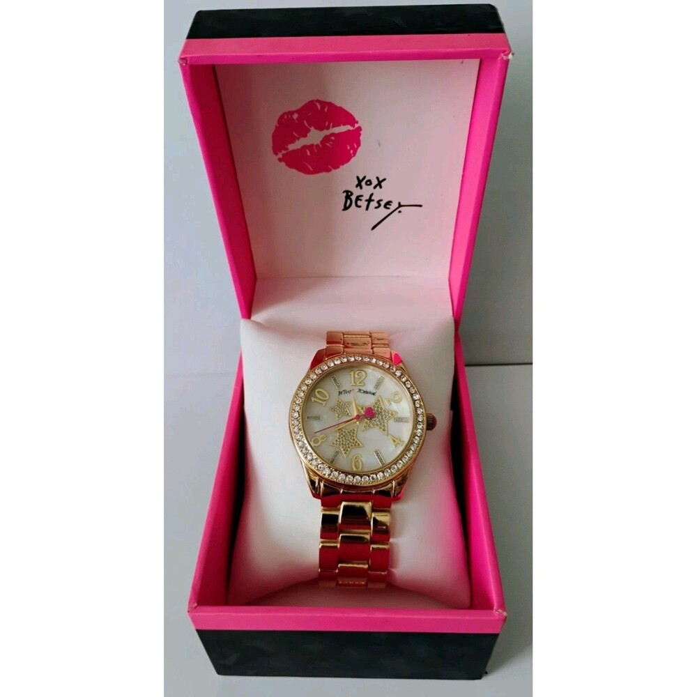 Betsey Johnson Rose Gold Crystal Bezel Watch Mother of Pearl Star Dial Box Works